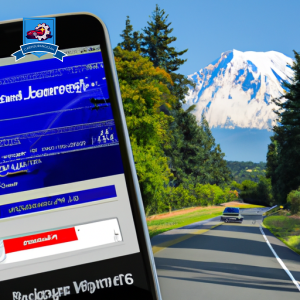 An image of a car driving down a tree-lined road in Lakewood, Washington with Mount Rainier in the background, while a digital device displays car insurance quotes
