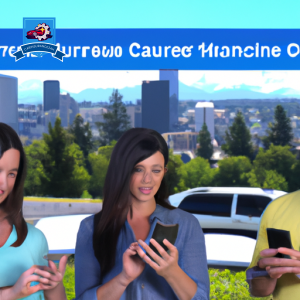 An image of a diverse group of people comparing car insurance quotes on their smartphones while standing in front of the Lynnwood, Washington skyline