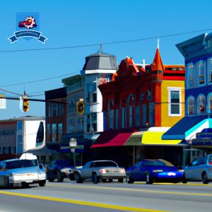 An image of a bustling main street in Romney, West Virginia, lined with colorful cars and insurance agencies