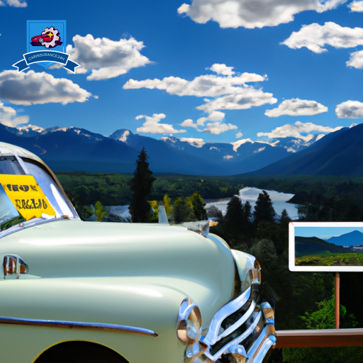 An image of a vintage car parked in front of a scenic mountain view in Sandpoint, Idaho