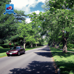 An image of a car driving down a tree-lined street in West Greenwich, Rhode Island