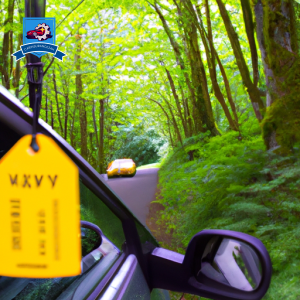 An image of a car driving through the lush forests of Bellingham, Washington with a bright yellow price tag hanging from the rearview mirror, symbolizing affordable auto insurance options in the area