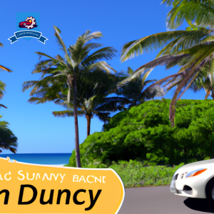 An image of a sunny beach in Big Island, Hawaii with a car driving on the road, surrounded by lush greenery and palm trees, symbolizing affordable auto insurance options in the area
