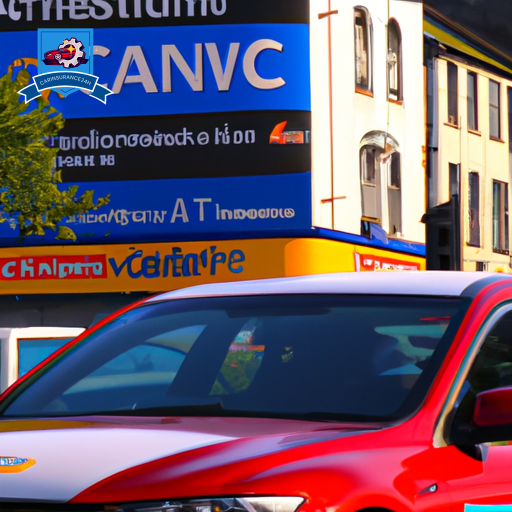 Ful, vibrant image of a car driving down a busy street in Cardiff, with various insurance company logos displayed prominently on billboards and buildings