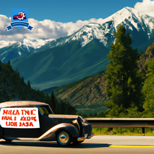An image of a vintage car driving through the picturesque mountains of Columbia Falls, Montana with a banner that reads "Cheap Auto Insurance" hanging off the back