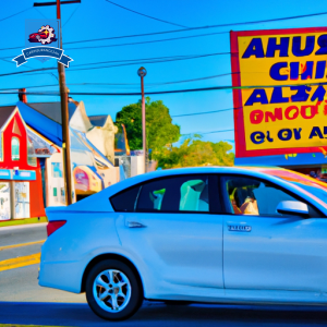 a vibrant image of a car driving through the historic streets of Gloucester, Virginia, with a billboard displaying "Cheap Auto Insurance" in the background