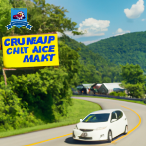 Car driving down a winding road in Grafton, West Virginia with a sign in the background advertising "Cheap Auto Insurance