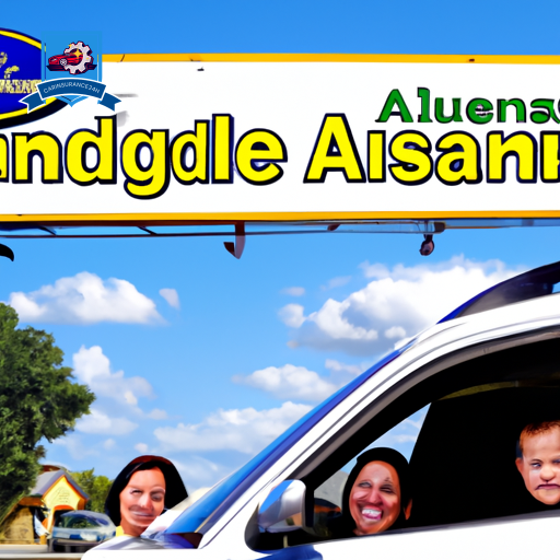 An image of a smiling family driving a car through downtown Holdrege, passing a billboard advertising affordable auto insurance