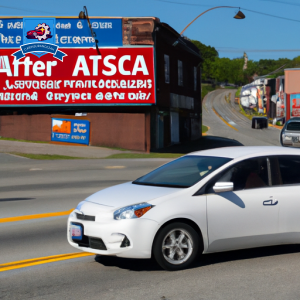 An image of a small sedan driving through downtown Johnston, Rhode Island with a billboard in the background advertising "Cheap Auto Insurance" in bold, eye-catching letters