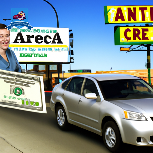 An image of a car driving through downtown Kearney, passing by colorful banners advertising "Cheap Auto Insurance