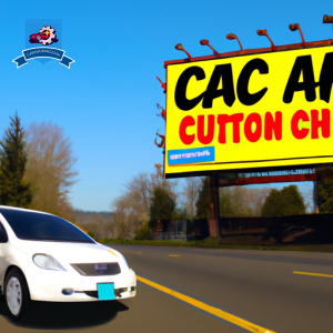 An image of a car driving through the scenic streets of Keizer, Oregon with a billboard in the background advertising "Cheap Auto Insurance"