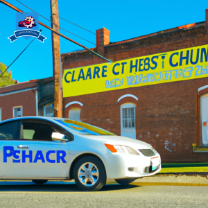 An image of a car driving through the charming streets of historic Lancaster, South Carolina with a prominent banner advertising "Cheap Auto Insurance" displayed on the vehicle