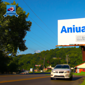 image of a car driving down a tree-lined street in Madison, Tennessee with a billboard advertising cheap auto insurance in the background