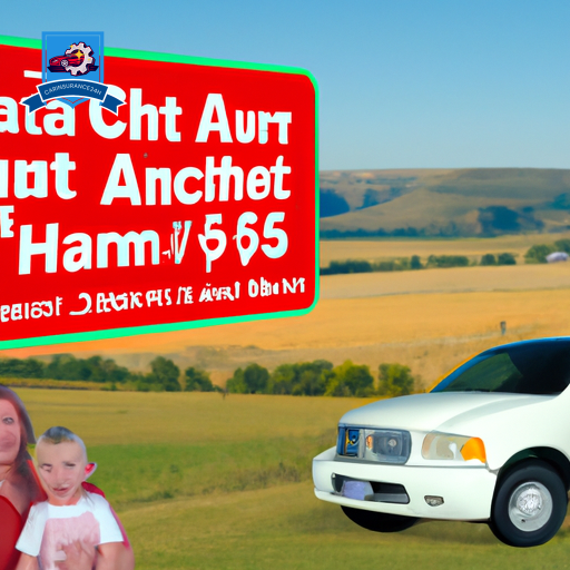An image of a smiling family in a car driving through the rolling hills of Martin, South Dakota with a sign displaying "Cheap Auto Insurance" in the foreground