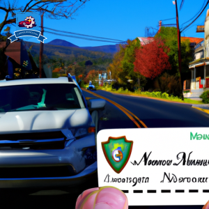 An image of a smiling driver in Morristown, Tennessee, proudly holding their insurance card with a backdrop of the Great Smoky Mountains and a quaint downtown street filled with affordable auto insurance providers