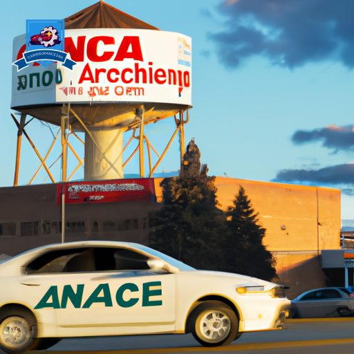 An image of a car driving through downtown Nampa, Idaho with a sign promoting cheap auto insurance in the foreground