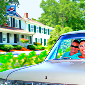 An image of a smiling family sitting in a car, surrounded by lush greenery and quaint houses in Newberry, South Carolina