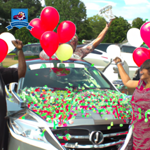 An image of a diverse group of happy drivers in Petersburg, Virginia, celebrating with confetti and balloons in front of a car with a giant, money-saving price tag on it