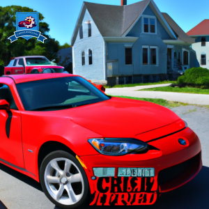 An image of a bright red sports car driving through the picturesque streets of Riverside, Rhode Island