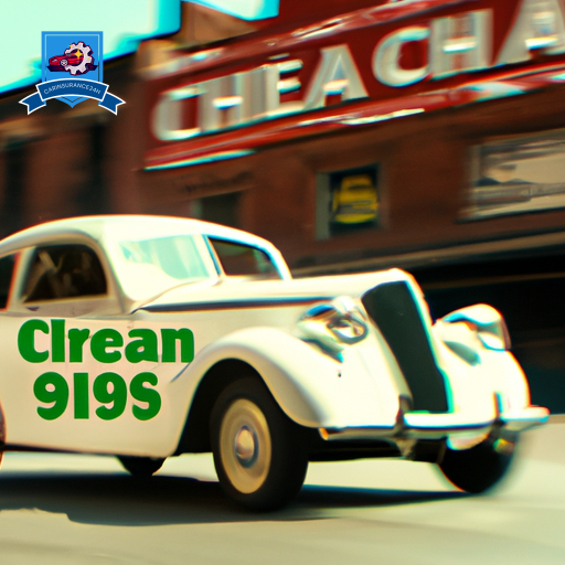 An image of a vintage car driving through downtown Shelby, passing by a sign advertising "Cheap Auto Insurance