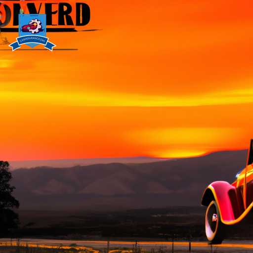 An image of a vintage car driving through the scenic mountains of Sheridan, Wyoming, with a vibrant sunset in the background