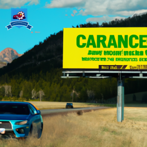 image of a car driving through the scenic Three Forks landscape with a billboard in the background advertising cheap auto insurance