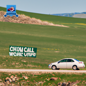 E of a compact car driving through the rolling hills of Wall, South Dakota