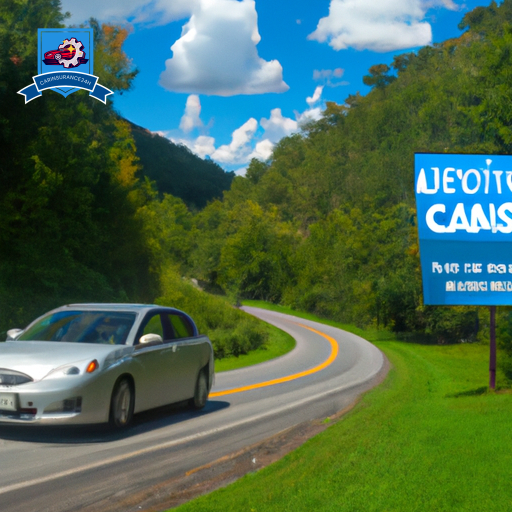 image of a car driving through a scenic mountain road in Weston, West Virginia, with a visible sign for a local auto insurance company offering affordable rates