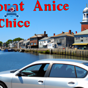 Ate a car driving through Wickford, Rhode Island with a background of historic buildings and a waterfront