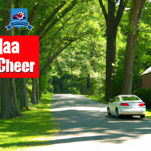 An image of a car driving down a tree-lined street in Williamstown, New Jersey with a "Cheap Auto Insurance" banner flying from the back