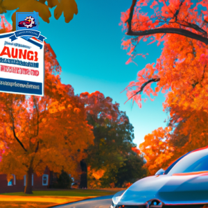An image of a car driving through the picturesque streets of Winchester, Virginia with a prominent sign advertising affordable auto insurance