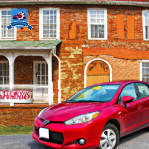 An image of a red car parked in front of a quaint brick building in Abingdon, Virginia