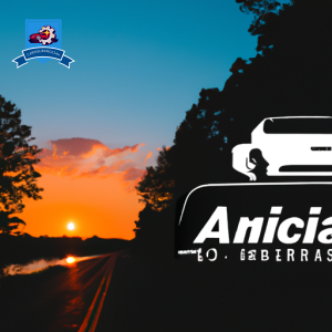 Graphic of a car driving down a scenic road in Antioch, Tennessee with a vibrant sunset in the background, symbolizing affordable car insurance options in the area