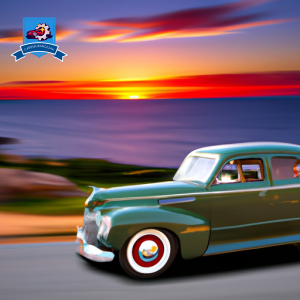 An image of a vintage car driving along the scenic coastline of Block Island, Rhode Island with a vibrant sunset in the background, symbolizing affordable and reliable car insurance options in the area