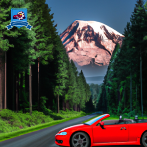 An image of a red convertible driving through lush green forests with a backdrop of Mount Hood in Canby, Oregon