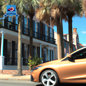 An image of a vibrant Charleston street lined with palm trees and historic buildings, with a sleek, modern car driving by