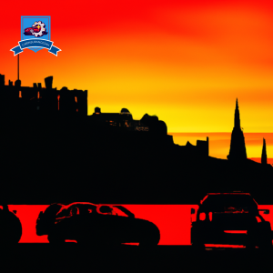 A visually striking image of Edinburgh Castle silhouetted against a colorful sunset, with a row of cars parked in the foreground