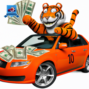 An image of a Clemson Tiger mascot driving a car with a huge smile on its face, surrounded by dollar signs symbolizing savings