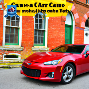 An image of a shiny red sports car parked in front of a quaint brick building in Dunbar, West Virginia