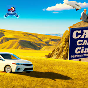 An image of a family driving a car through the rolling hills of Eagle Butte, South Dakota, with a sign in the background advertising "Cheap Car Insurance