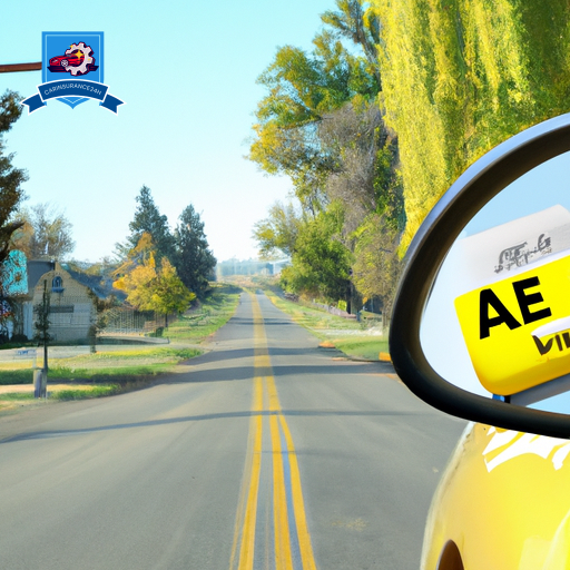 An image of a car driving through the peaceful streets of Emmett, Idaho with a bright yellow price tag hanging from the rearview mirror, symbolizing affordable car insurance options in the area