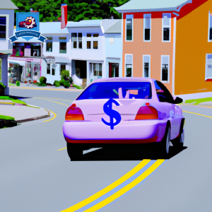 An image of a brightly colored car driving through the quaint streets of Exeter, Rhode Island