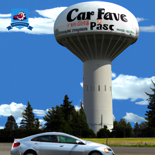 An image of a sleek, silver car driving past the iconic Federal Way water tower, with a bright blue sky overhead and a "Cheap Car Insurance" banner flying behind it