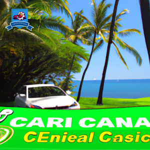 An image of a tropical paradise with palm trees and a clear blue ocean in the background, while a car with a "Cheap Car Insurance" sticker drives through the lush green landscape of Honolulu, Hawaii