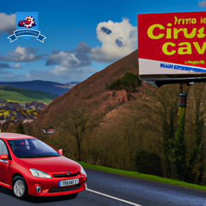 An image of a red car driving through the scenic valleys of Merthyr Tydfil, with a billboard advertising cheap car insurance in the background