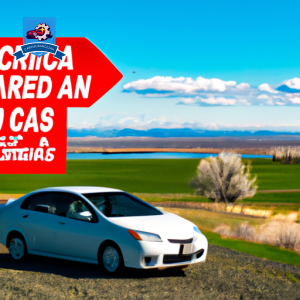 An image of a car driving through the picturesque landscape of Moses Lake, Washington, with a banner displaying "Cheap Car Insurance" on the side