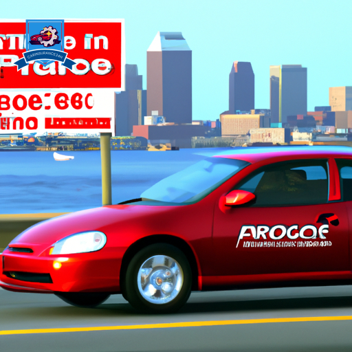 An image of a red car driving through the streets of North Providence, Rhode Island, passing by insurance billboards with low prices and happy customers