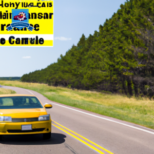 An image of a bright yellow compact car driving down a winding road lined with tall green pine trees, with a sign in the background that reads "Cheap Car Insurance in North Sioux City, South Dakota"