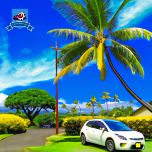 An image of a vibrant tropical landscape in Pukalani, Hawaii, with a small car parked under a shady palm tree, symbolizing affordable and reliable car insurance options in the area