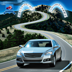 An image of a sleek, silver car driving down a winding road with the Black Hills in the background
